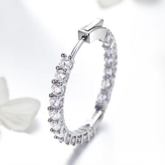 Platinum Plated Copper Pave Cubic Zirconia Hoop Earrings - Picture 3 of 6